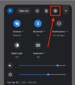Screenshot of an android device control panel, highlighting the settings icon.